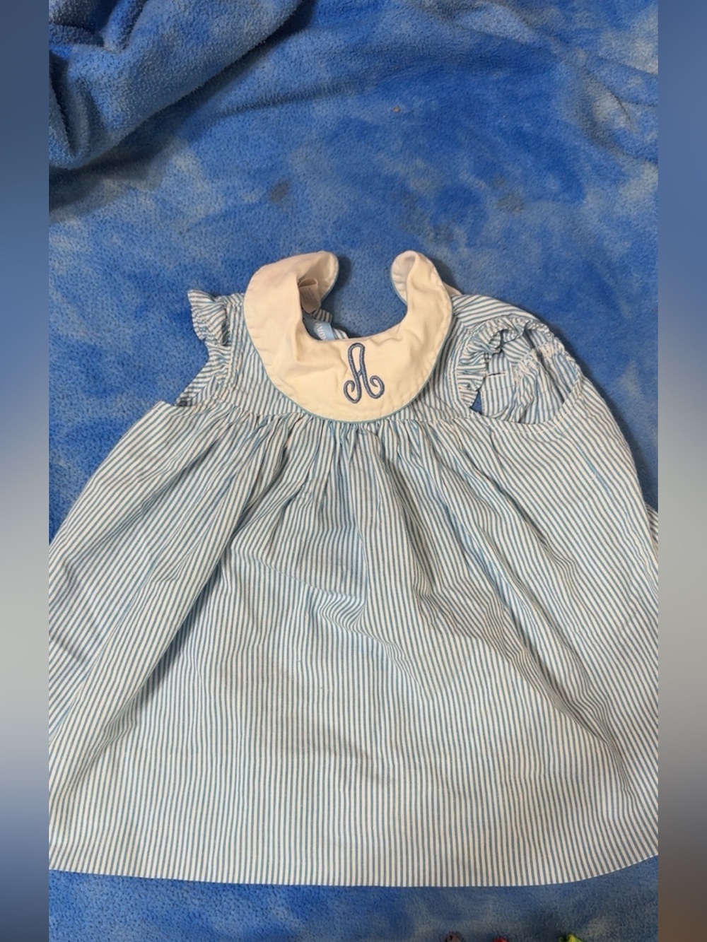 Blue & White Striped Baby Dress with “A” Monogrammed Collar